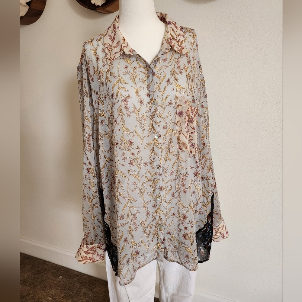 Boho Sheer Blouse Floral Feminine Plus Size Fourth of July Office Summer Floral